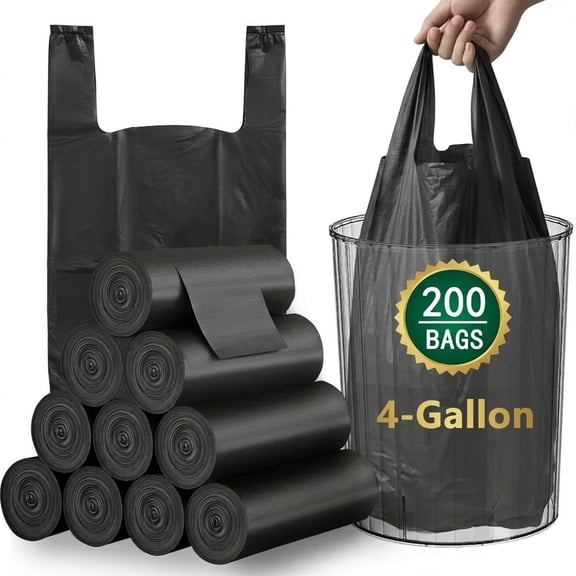 4 Gallon Black Trash Bags, 200 Count - Vest Style Garbage Bags for 4-6 Gallon Bins, Tear & Leak Resistant for Home, Office