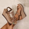 thumbnail image 4 of Womens Platform Sandals Glitter Wedges Heels Butterfly Rhinestone T-Strap Elegant Dressy Slingback Heels with Elastic Ankle Strap Brown Size 5.5, 4 of 6