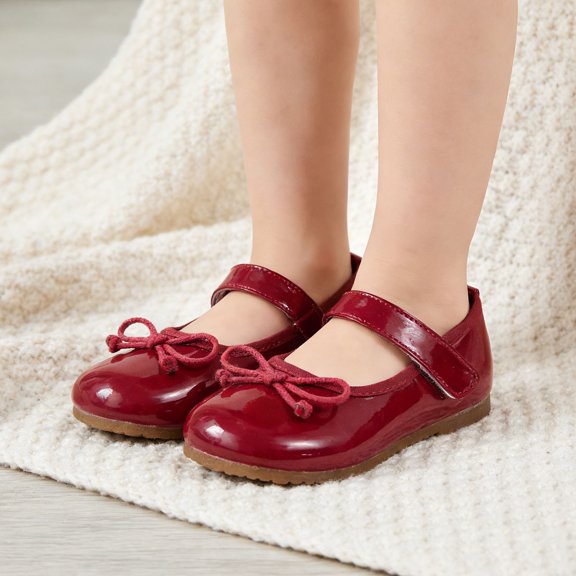 Gyujnb Toddler Girls Patent Bow Mary Jane Flats Adjustable Strap Non- Sole for School & Daily Wear,3-3.5 Years