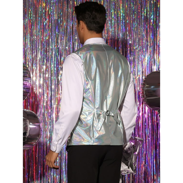 Unique Bargains Men s Holographic Shiny Party Metallic Waistcoat Bowtie Suit Vest M Silver Walmart