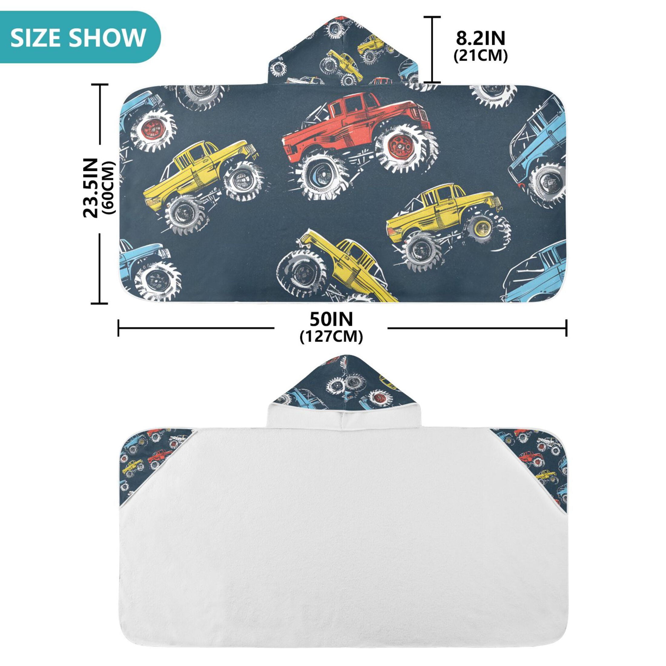 Cartoon Monster Trucks Comic Kids Hooded Beach Towel Baby Bath Poncho Towels with Hood Absorbent 50"x23.5" for Pool Swimming