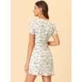 thumbnail image 4 of Unique Bargains Femmes Ruché devant Cou Carré Ourlet Volants Manches Courtes Robe Florale Blanc-Violet S, 4 of 5