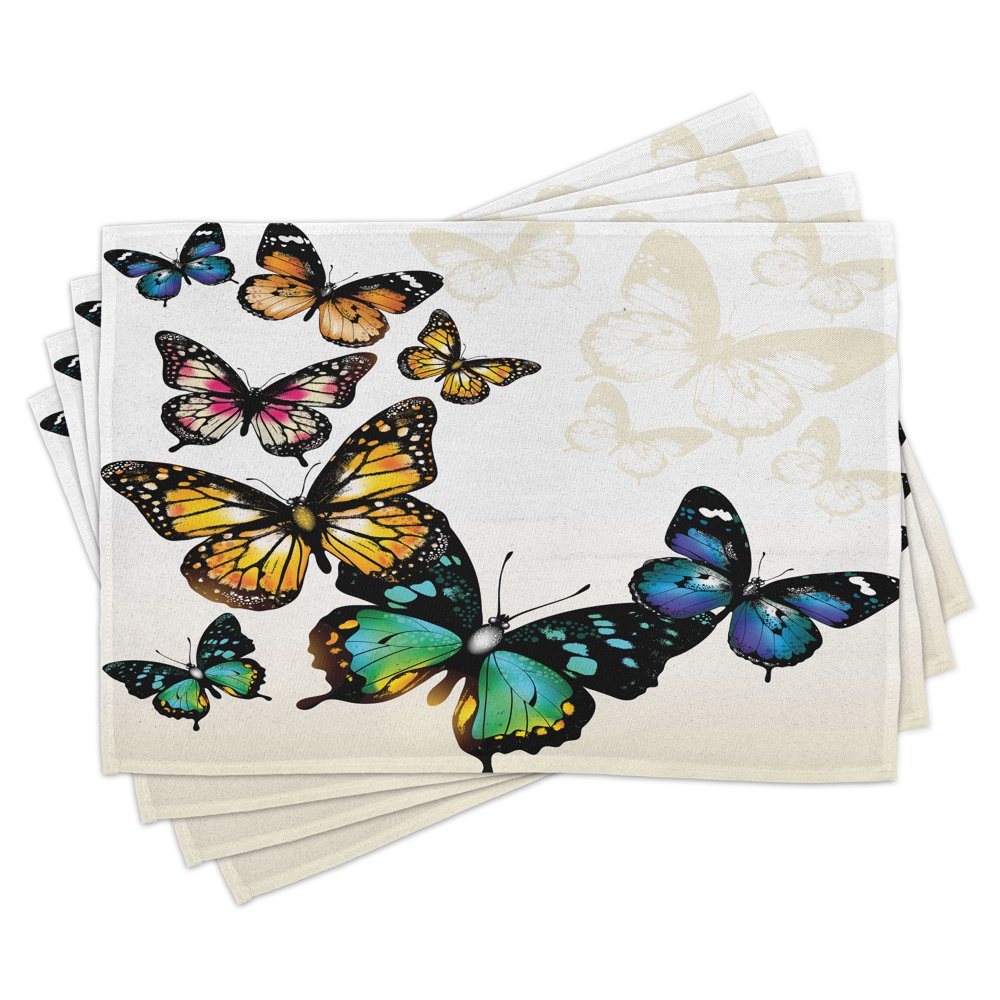 Butterfly Place Mats Set of 4, Vivid Monarch Butterflies Flying Shades
