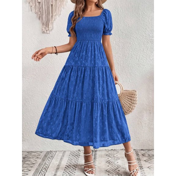 Royal Blue Square Neck Short Sleeve Tiered Midi Dress With Shirred Waist