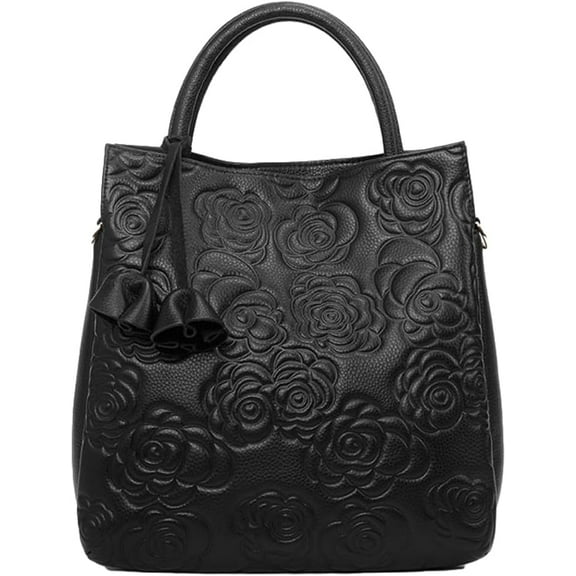 Womens Genuine Leather Handbags large Trendy Shoulder Tote Three-layer Crossbody Purses Flower Print Satchel