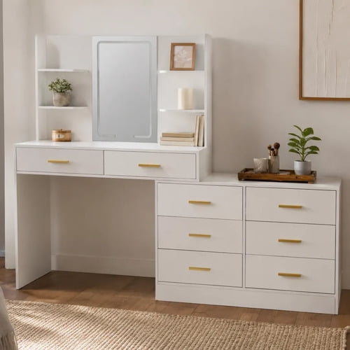 Tocador Grande Utilia Vanity L con Espejo LED, 8 Cajones y 4 Repisas, Melamina, Blanco 167.5x40x135 cm