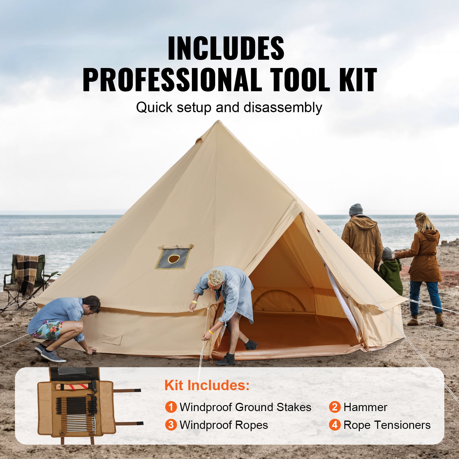 KFFKFF Fabric Bell Shelter, Year-Round 3 m/9.8ft Nomadic Tent, Camping Canvas Tent with Chimney Hole, Ventilated Shelter Accommodates 4 Individuals, Outdoor Family Camping and Hunting Gathering