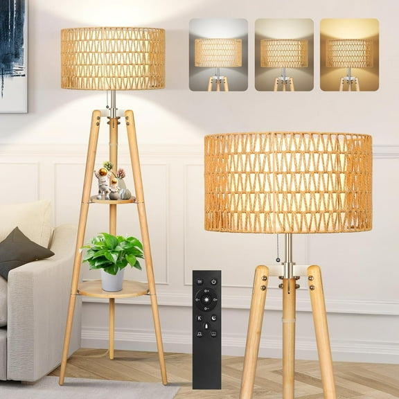 Boho Rattan Tripod Floor Lamp with Shelves, Dimmable Mid Century Modern Standing Lamp with Remote Control,Wood Tall Floor Lamps for Living Room Bedroom Office Farmhouse Bulb Included