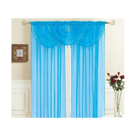 2 Pocket Border Sheer Valance Rod Pocket, Lightweight Solid Sheer with Tassel Fringe Border, Single Window Waterfall Valance, 36