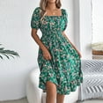 thumbnail image 4 of cocolona Womens Summer Boho Floral Print Dress Square Neck Short Sleeve Waist Frill Ruffle Flowy Sun Dress Casual Beach Midi Dress, 4 of 4