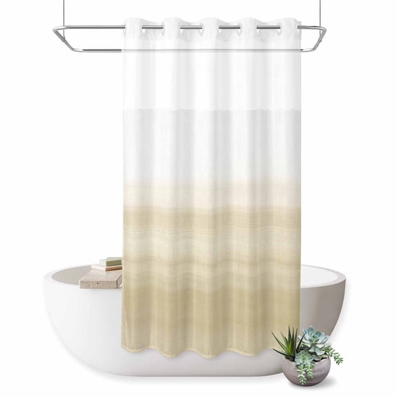 No Hook Shower Curtain, Beige White Stripes Shower Curtains for Bathroom with See Through Top Window, Farmhouse Modern Gradient Lines Waterproof & Washable Bath Curtain Stand Up Stall 36"x72"