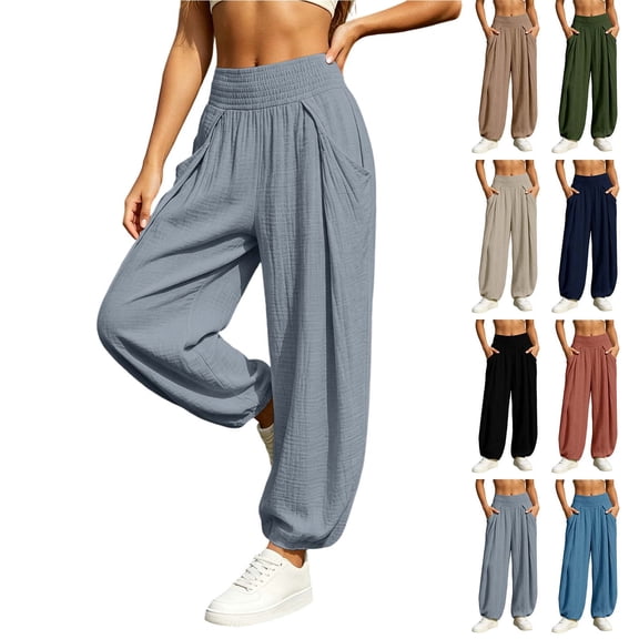 Women Solid Double Crinkle Elastic High Waist Jogger Pants, Side Pockets Loose Daily Casual Long Trousers Gray XL(XL)