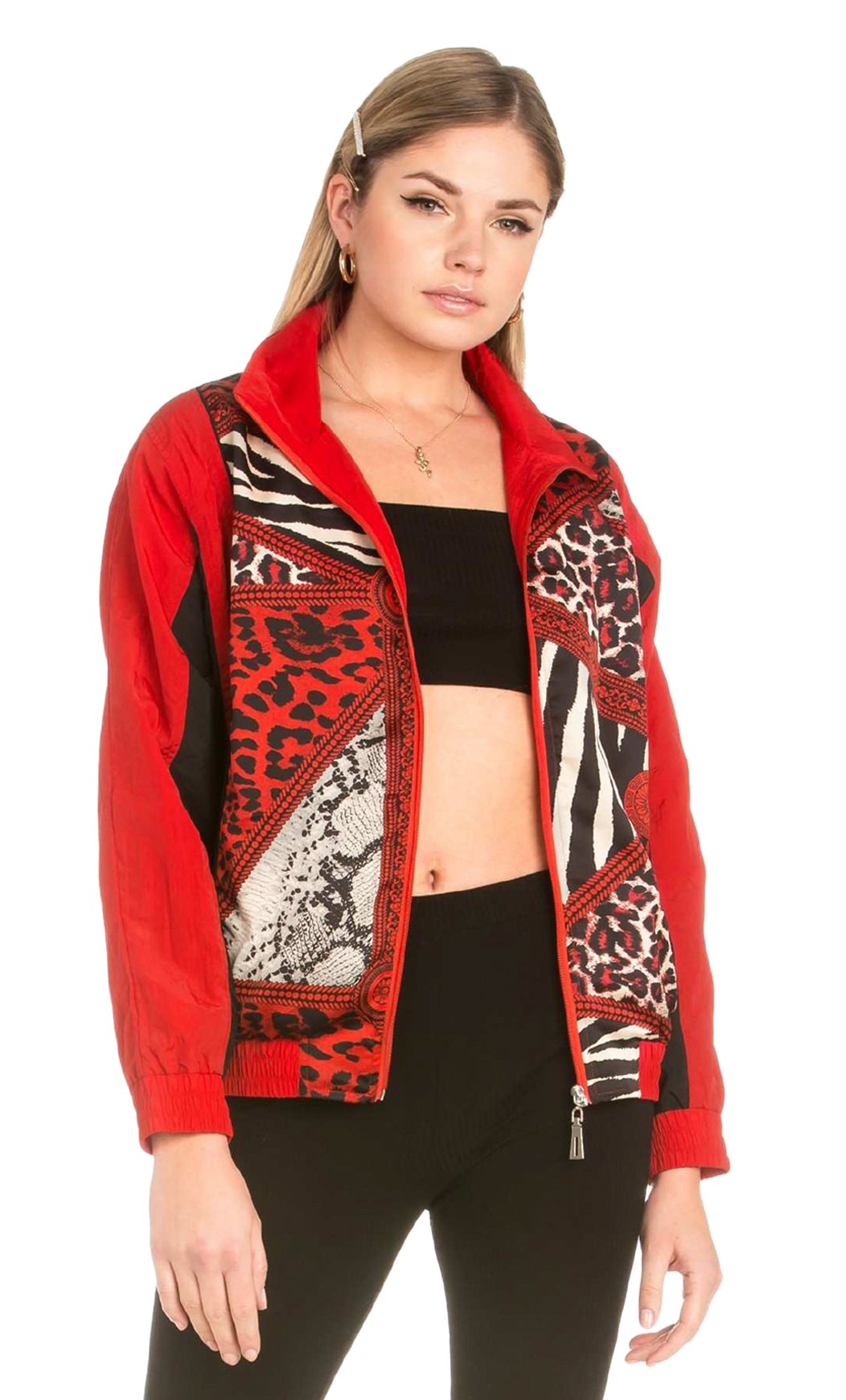 DANCE & MARVEL Dance & Marvel Women's Animal Print Nylon Jacket, Red