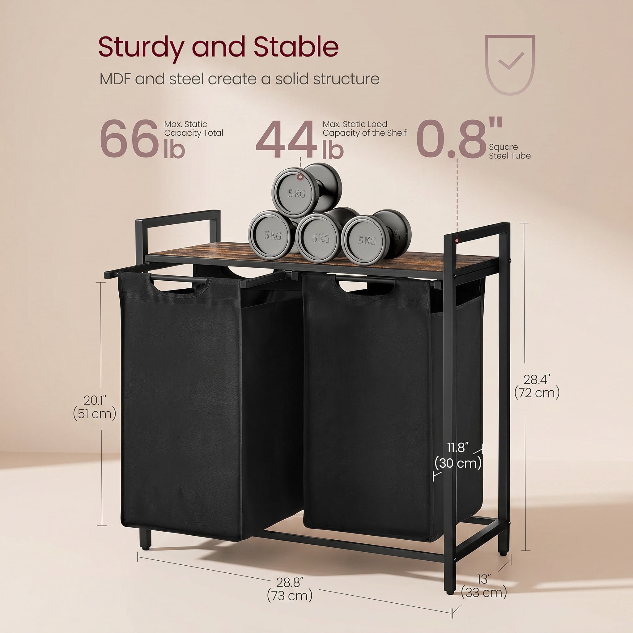 Nordic Hygge 2-Bag Laundry Sorter with Storage Shelf, Ink Black & Rustic Brown