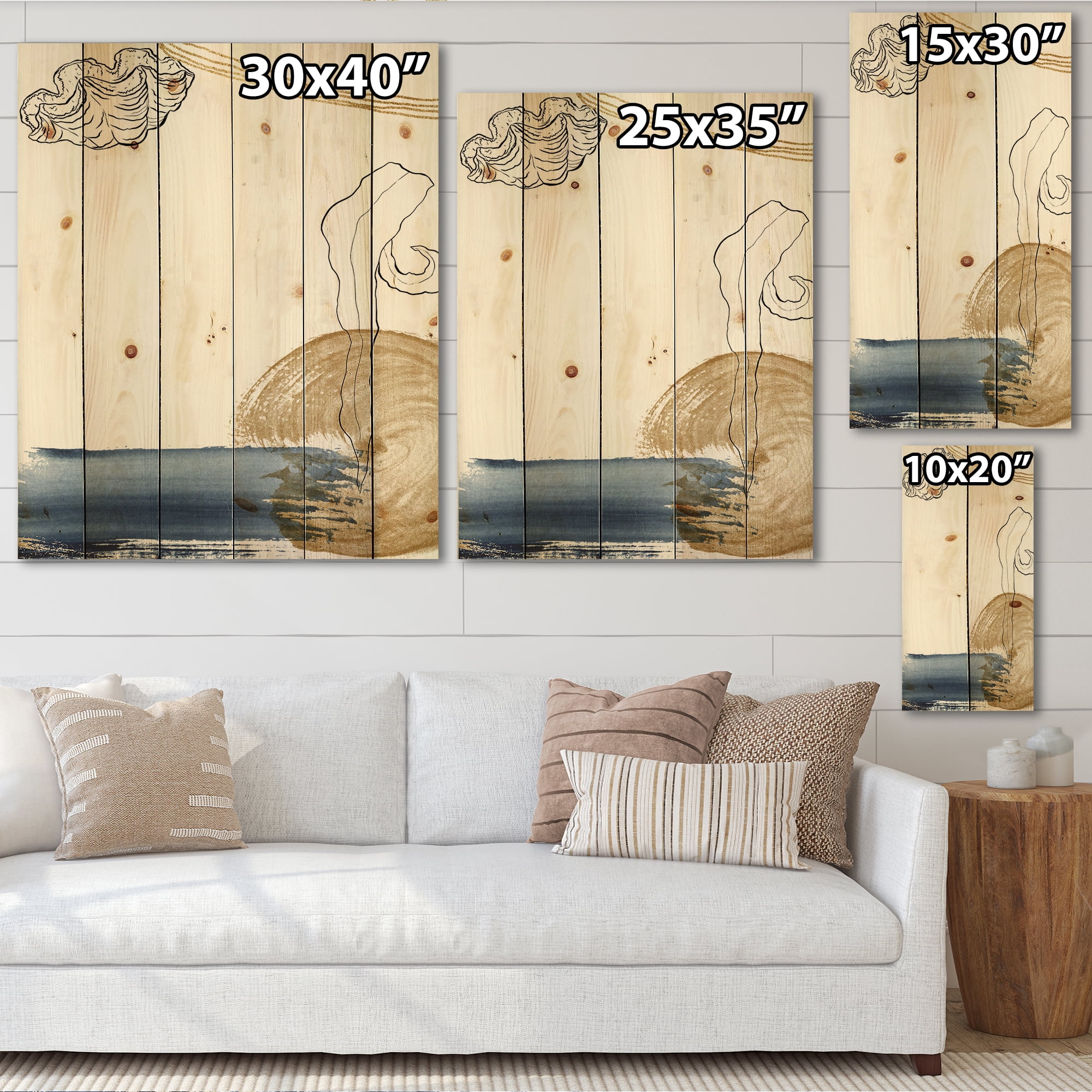 Designart 'Golden Marine Shell Classic Blue Abstract ' Farmhouse Print on Natural Pine Wood