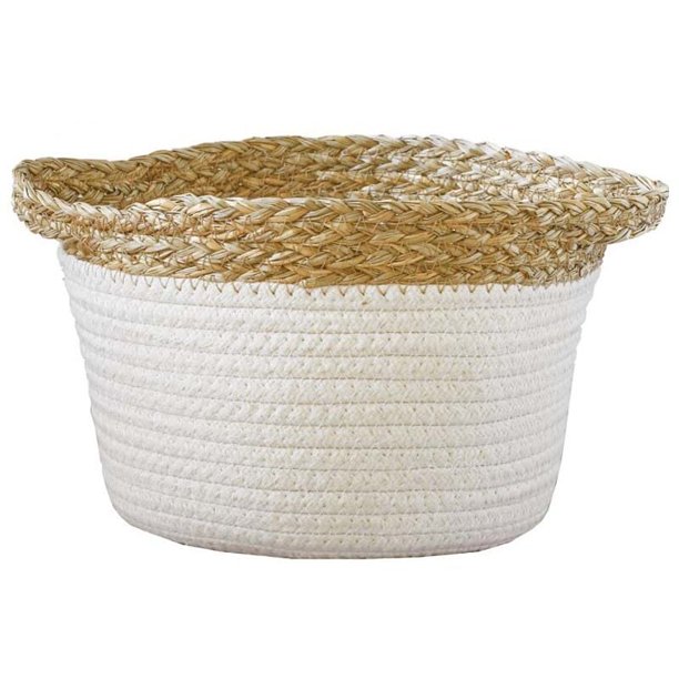 Cesta de almacenamiento tejida de paja de cuerda de algodón Mesita de noche Cesta de bocadillos Cesta de escombros Cesta de almacenamiento de artículos diversos de escritorio de algodón