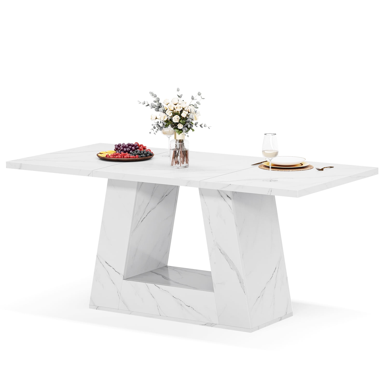 Fnova 63" Modern Long Dining Table for 6 people, Rectangular Geometric Artificial Marble Kitchen Table for Dining Room, White