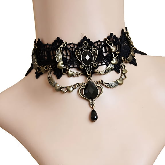 DESIGNICE Faux Gem Black Lace Ring Bracelet Women Gothic Punk Style Necklace Bracelet Jewelry Accessory