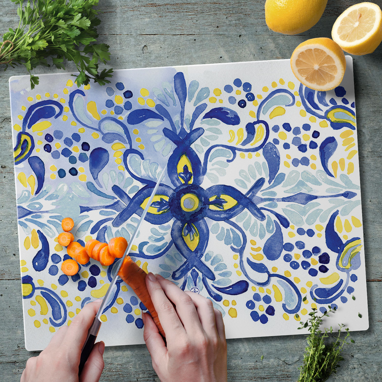 CounterArt Portugal Tile Pattern 3mm Tempered Glass Cutting Board 12" x 15"