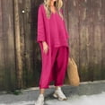 thumbnail image 4 of Ladies 2 Piece Pants Outfits Fall 2 Piece Outfits for Women 2025 Women'S Spring/Summer Round Neck Casual Solid Color Cotton/Linen Long Sleeve Pants Suit, 4 of 7