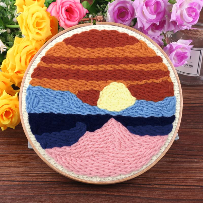 2 Pack Easy DIY Punch Needle Kits Embroidery Kits Set for Starter Kits with Stamped Color Pattern with Instruction,Yarn and Embroidery Wooden Handle Needle Pen (Sunrise and Mountains)