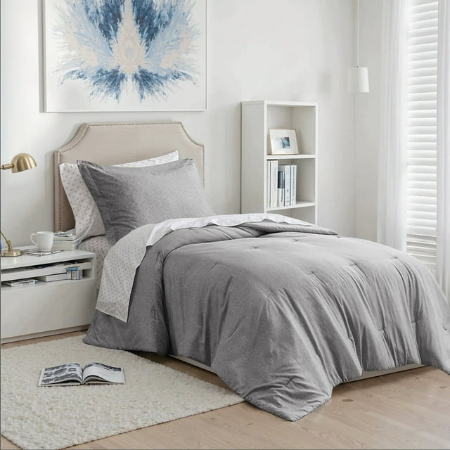 Regency Heights Ensemble de Literie 5 Pcs pour Lit Simple/Simple TG, Couette Réversible avec Ensemble de Draps et Taies, Gris, Couleur Unie