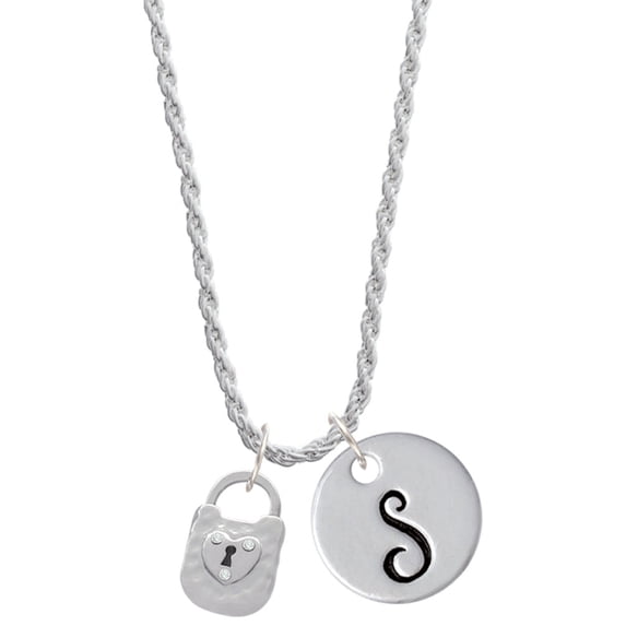 Delight Jewelry Silvertone Hammered Lock with Heart and Clear Crystals Silvertone Script Initial Disc - S - Charm Necklace, 20"+3"
