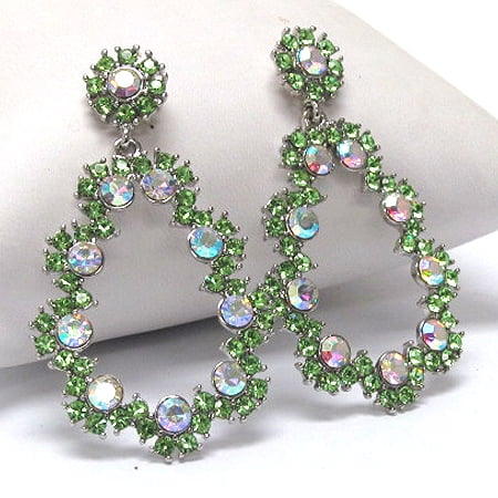 Large 60&amp;#39;s Antique Style Green Crystal Flower Dangle Post Earrings
