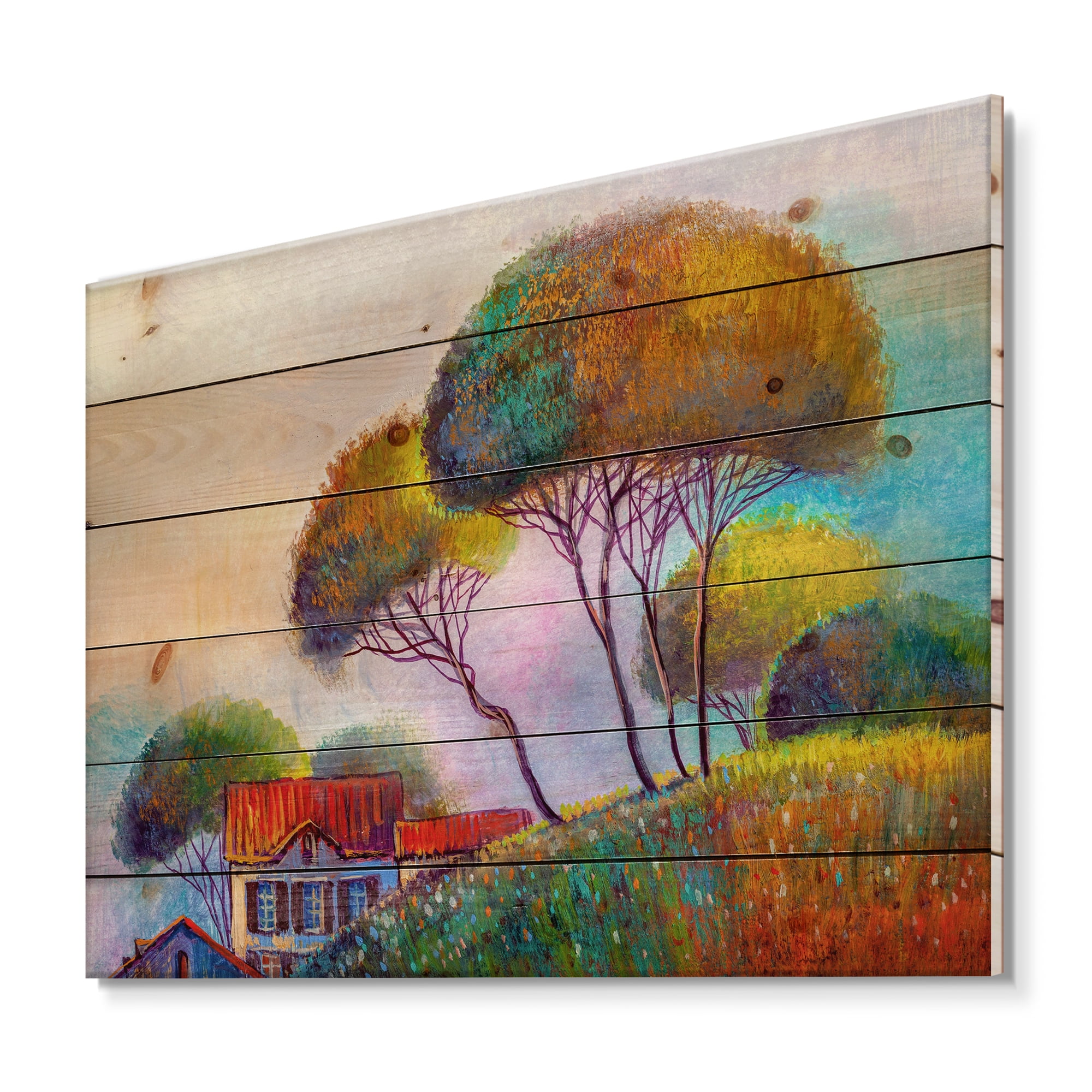 Designart 'Beautiful Village House On A Hot Summer Day' Modern Print on Natural Pine Wood