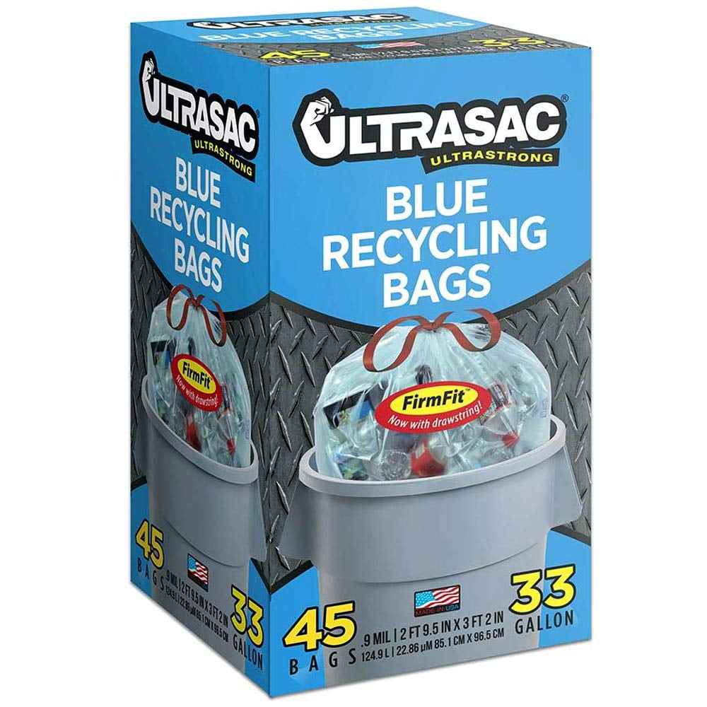 Heavy Duty Large Blue Drawstring Recycling Bags by Ultrasac 33 Gallon