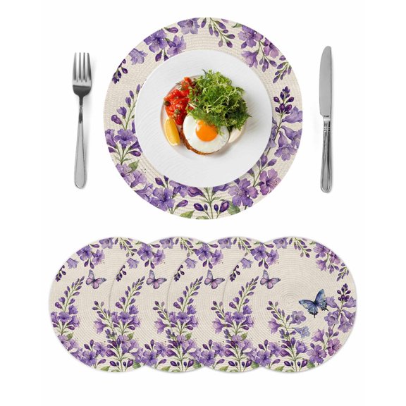 Purple Flowers Round 13 Inch Placemats Set of 4, Butterfly Spring Floral Rustic Farmhouse HeatResistant Non Slip Place Mats for Dining Table, Wipeable Braided Kitchen Table Mats for Housewarming