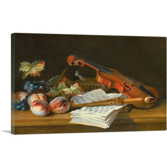 ARTCANVAS Still Life Violin Recorder Books Portfolio Sheet Of Music Peaches Grapes On Table Top Canvas Art Print by Jean Baptiste Oudry - Size: 40" x 26" (1.50" Deep)
