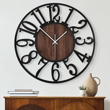Round Wall Clock for Living Room Decor Battery Operated Non Ticking Silent Vintage Black Metal Wood Clocks for Home Living Room Garden Farmhouse Office Kitchen Decoration -13 inch