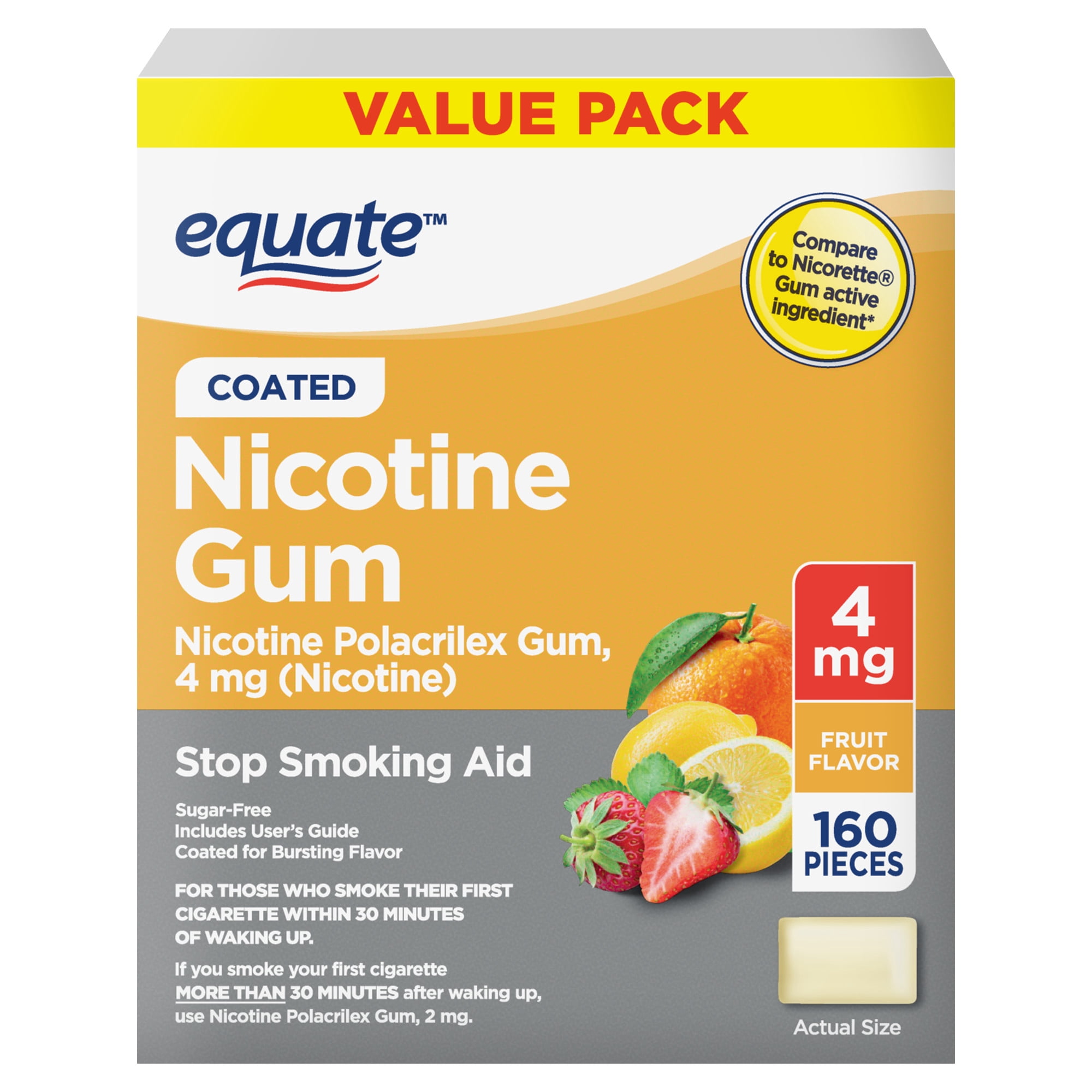 (3 pack) Equate Nicotine Gum 4 mg, Stop Smoking Aid, Fruit Flavor, 160 Count