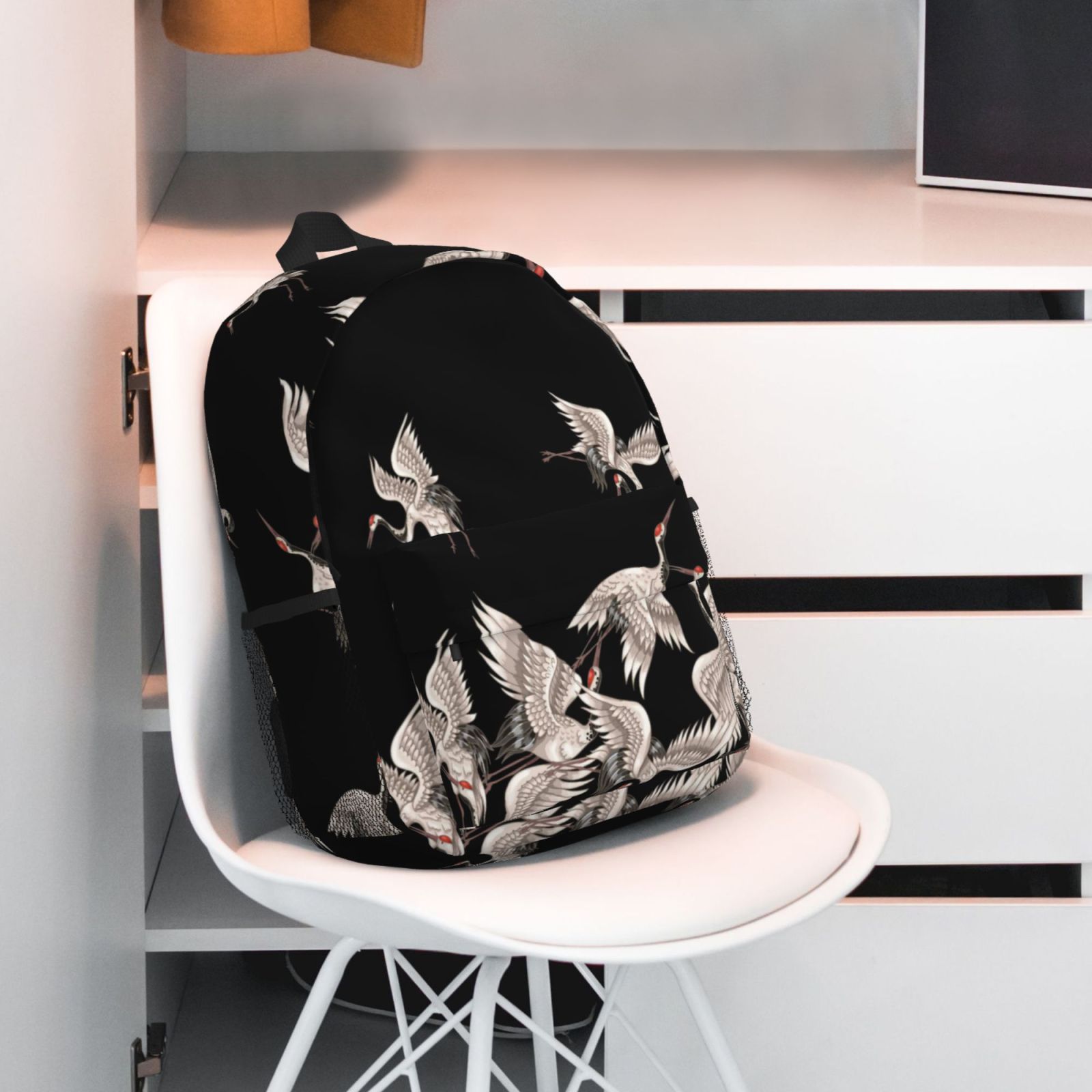 Rateoe Japanese White Crane Pattern Student Backpack Water-resistant Backpack 15-inch Laptop Backpack Lightweight Adjustable School Backpack