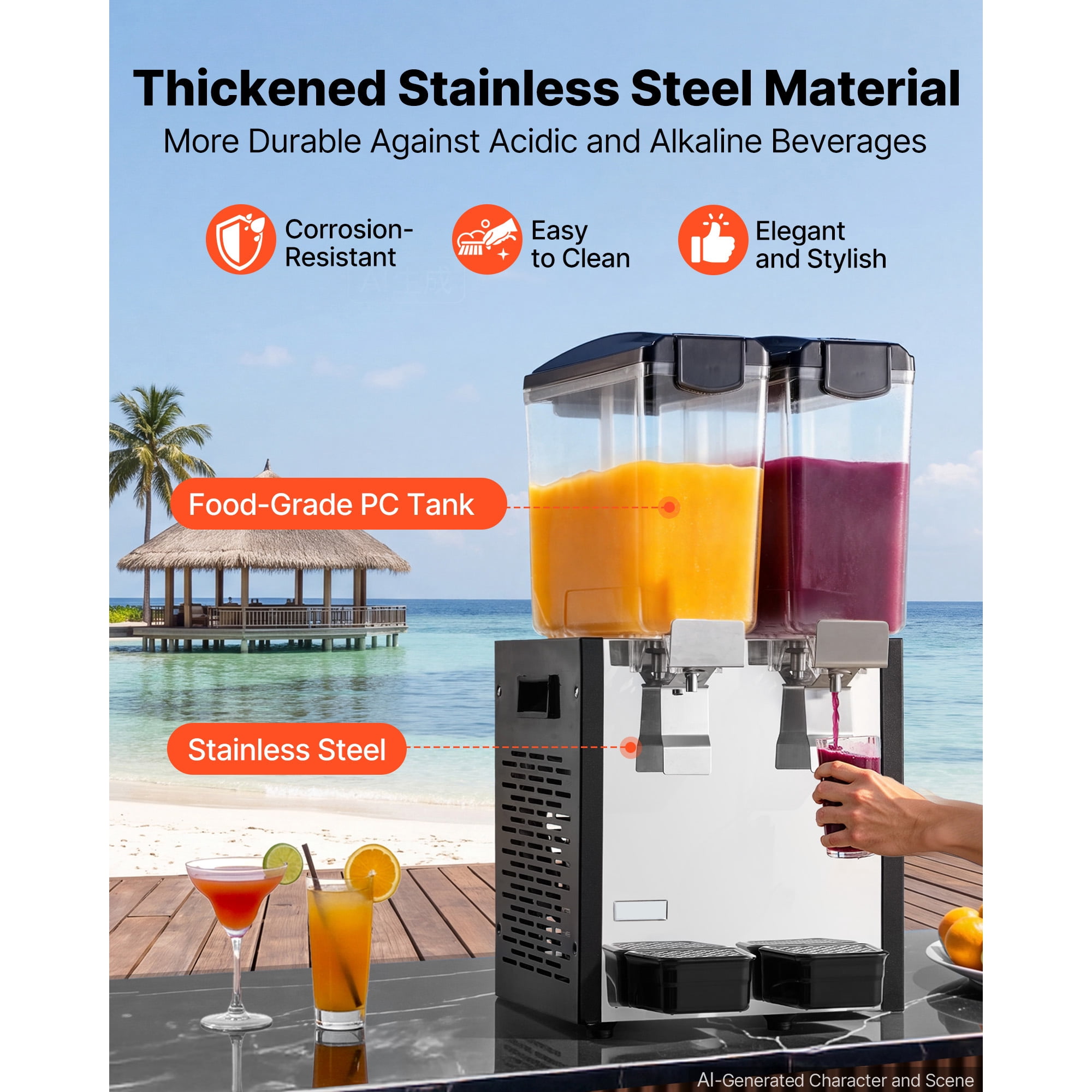 KFFKFF Commercial Beverage Dispenser with Dual 10L Tanks, Stainless Steel Construction, Cold Drink Machine with Adjustable Cooling Range of 45℉-54℉, Ideal for Restaurants, Bars, and Events