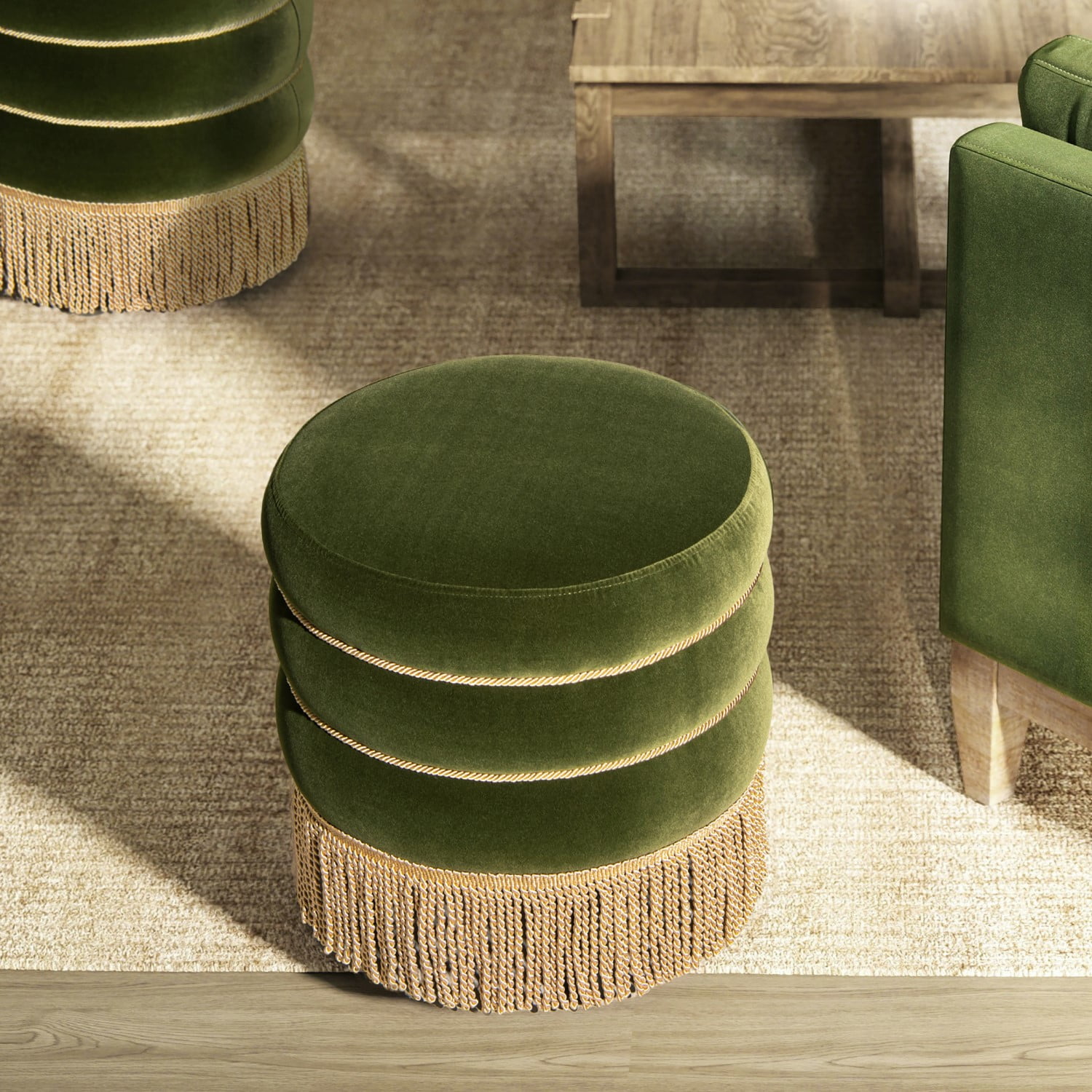 Jennifer Taylor Home Edward 17.5" Round Upholstered Ottoman with Bullion Fringe, Olive Green Performance Velvet