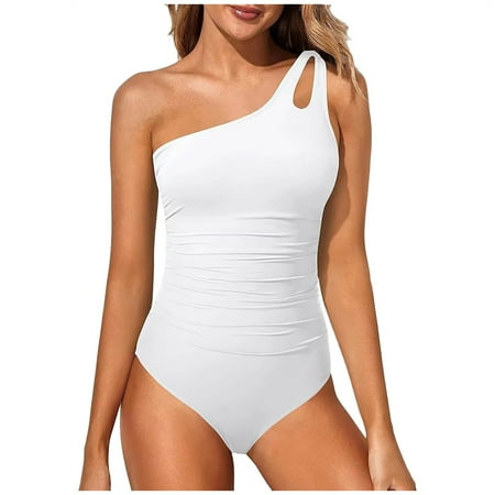 Xudanell Women s Bikini One Piece Swimsuit One Shoulder Asymmetrical High Waisted Mesh Spaghetti Adjustable Straps Summer Swimwear (White L)