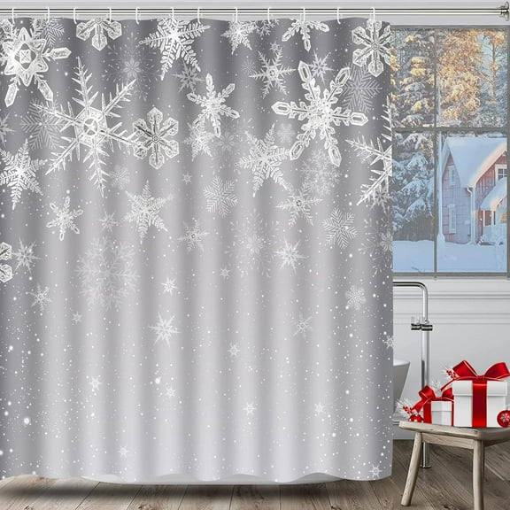 Christmas Shower Curtain Winter Snowflake Shower Curtains with 12 Hooks Gray Xmas Holiday Shower Curtains for Bathroom Waterproof Fabric Shower Curtain