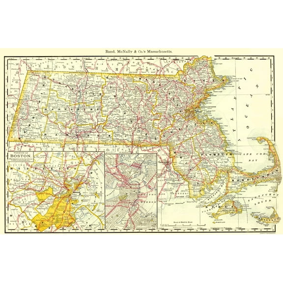Historic State Map - Massachusetts - Rand McNally 1879 - Vintage Wall Art