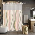 thumbnail image 2 of No Hook Shower Curtain with Snap in Liner, Light Green Pink Stripes Waterproof Fabric Bathroom Curtain Mesh Top Window, Low Saturation Colorful Pattern Shower Curtains 60x72in, 2 of 9