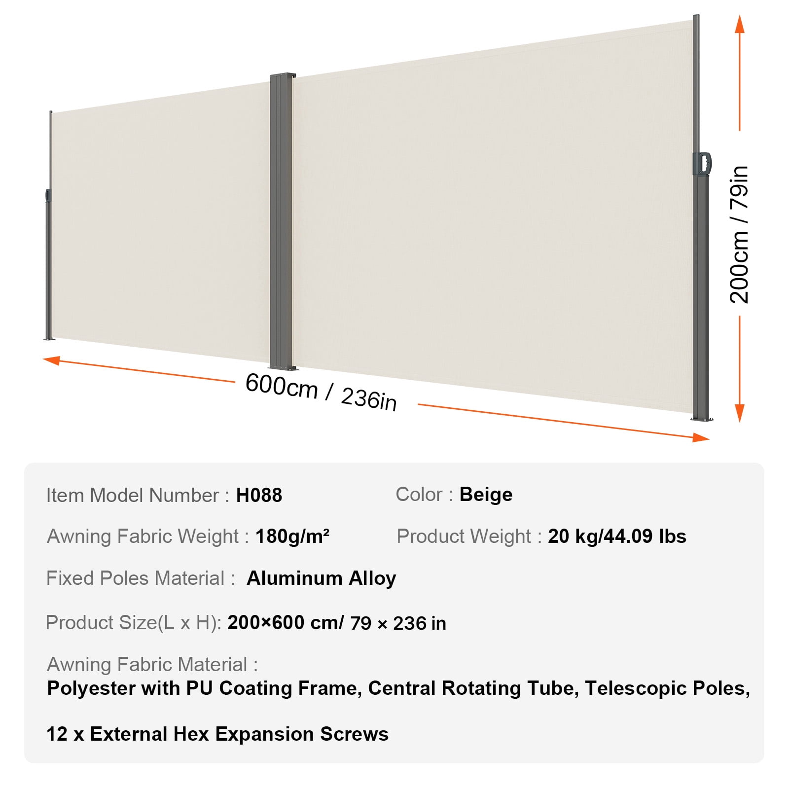 KFFKFF Retractable Side Awning 79''x 236'' Patio Screen Fence Divider Fencing