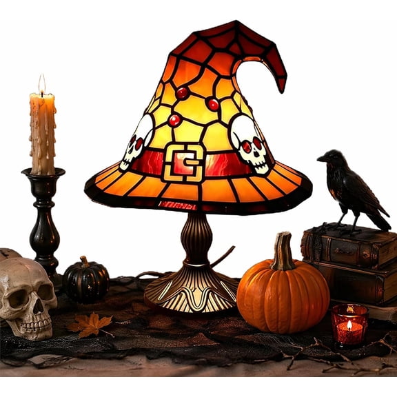 Stained Glass Witch Hat Lamp Decor, Vintage Witchy Halloween Night Lights, Table Lamps for Night Stands, Bedroom, Living Room, Office, Halloween Decorations