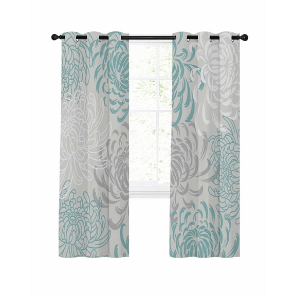 Aqua White Blackout Curtains 45 Inches Long for Bedroom, Abstract Grey Chrysanthemum Flower Floral Thermal Insulated Room Darkening Black Out Window Curtain Panels Grommet Drapes for Living Room