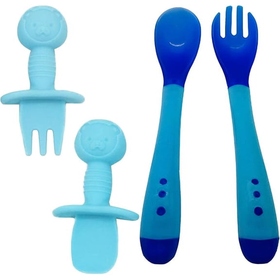 4 piece set of silicone spoon/fork and heat sensitive spoon/fork Baby Feeding Utensils Silicone Tip Self Feeding Chewable Spoon & Fork Toddler Training Utensils