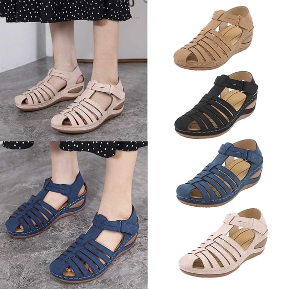 Cethrio Womens Comfortable Wedge Sandals- Wide Width Wedge Slip on Front Close Black Dressy Sandals/ Slides Size 7.5