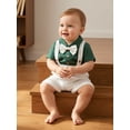 thumbnail image 4 of BemeyourBBs Newborn Baby Boys Summer Clothes Cotton Linen Baptism Day Gentleman Outfit Short Sleeve Bowtie Shirt Romper with Suspender Shorts Set, 4 of 9