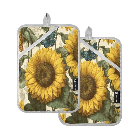 Qxltty Cyan Butterfly Sunflower Oven Mitts 2-Pack Heat Resistant Quilted Oven Gloves with Hanging Loop for Microwave BBQ & Kitchen Use