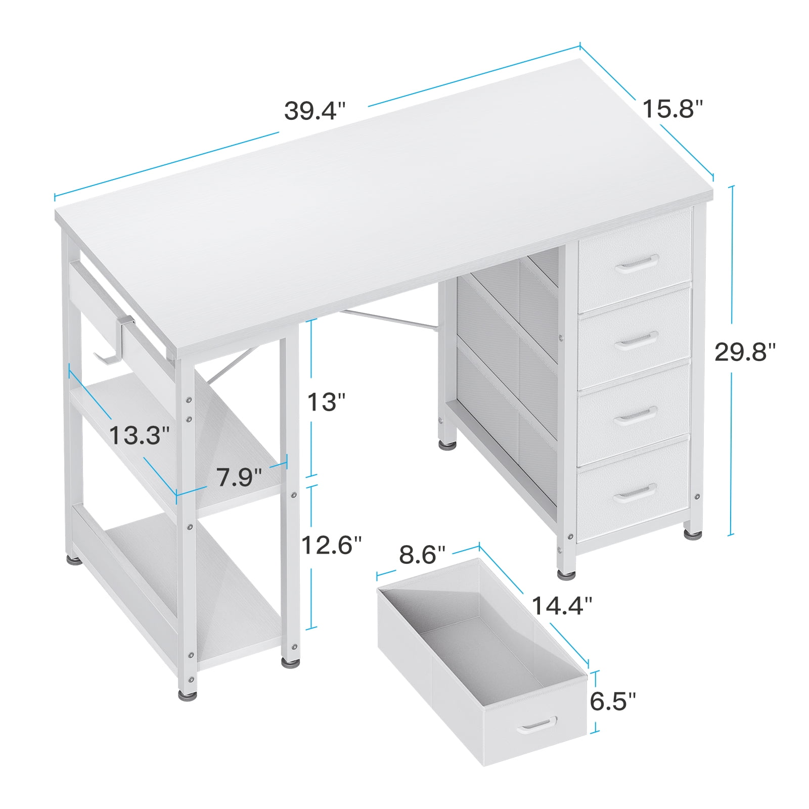 Casacomoda Computer Desk with Drawers & Storage Shelves, 40 Inch Corner Desk for Home Office Bedroom, Small Teen PC Desks with Fabric Drawer, White