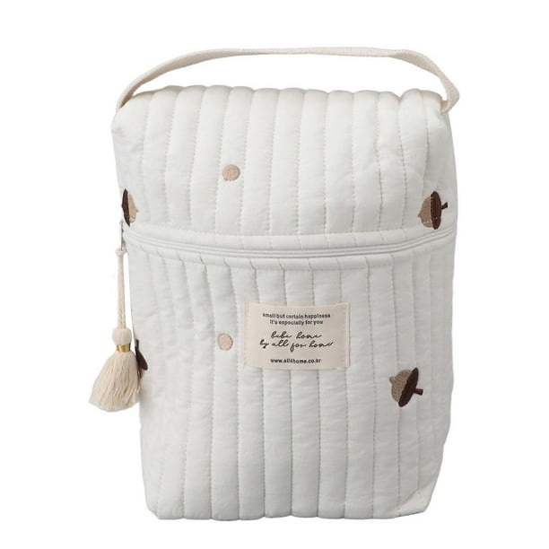 Cotton diaper bag with embroidered and quilted pattern, cute zippered bag for stroller, bottle, wipes, pacifier, pine cone